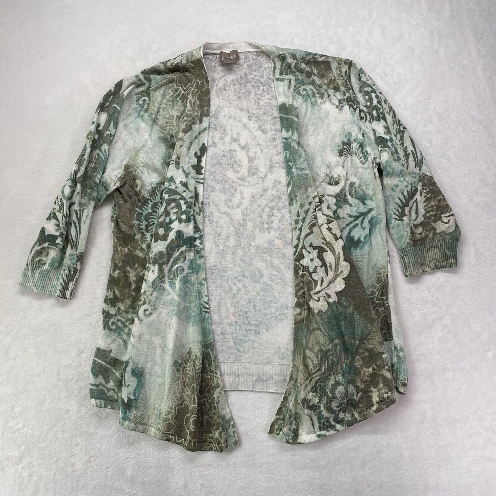 Chicos Cardigan Sweater Womens 2 Large Green 3/4 Sleeve Open Front Paisley